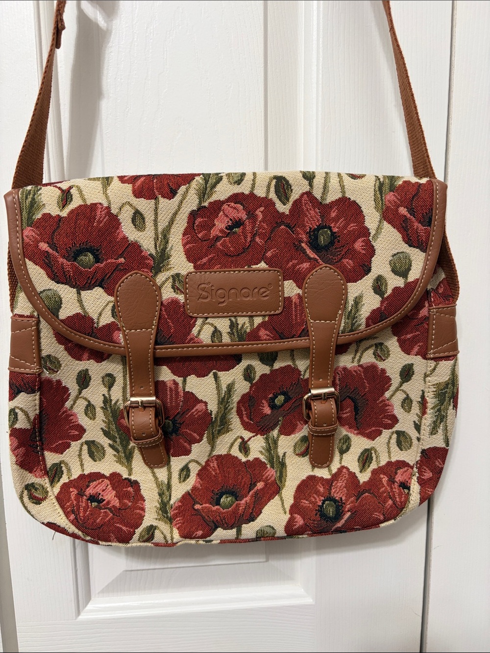 Signare Floral Canvas Crossbody Bag in Red Poppy with Tan Trim